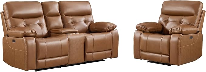 CANMOV Genuine Leather Power Recliner Sofa Set, Power Recliner Chair and Loveseat Set, 2 Pieces Leather Couch with Storage Console, USB Ports, Cup Holders for Living Room,Brown