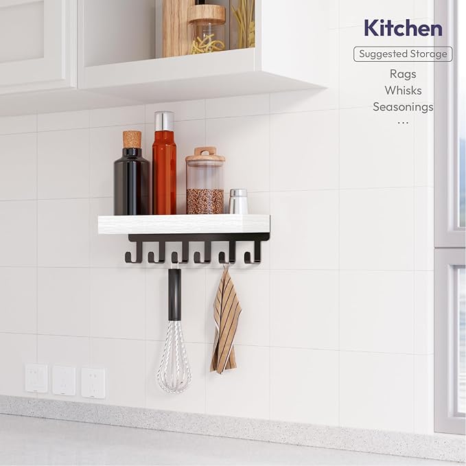 SWTYMIKI Key Holder Wall Mount - Wooden Key Hooks for Wall with Mail Organizer & 6 Hooks, 2 Installation Ways Key Hanger, Key Rack with Shelf for Entryway Living Room Bedroom Office Home Decor White