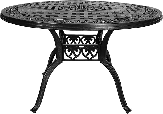Cast Aluminum Patio Table,48" Round Patio Dining Table for 4-6 Person with Umbrella Hole,Metal Patio Table Outdoor Round Bistro Dining Table for Garden,Yard,Black