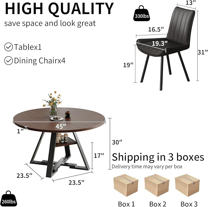 Walnut Round Dining Table Set for 4, Mid-Century Modern Kitchen Table and Chairs, Small Space Dining Room Furniture for Apartment, Breakfast Nook or Studio (Walnut wood-Storage Table+4 Black Chairs)