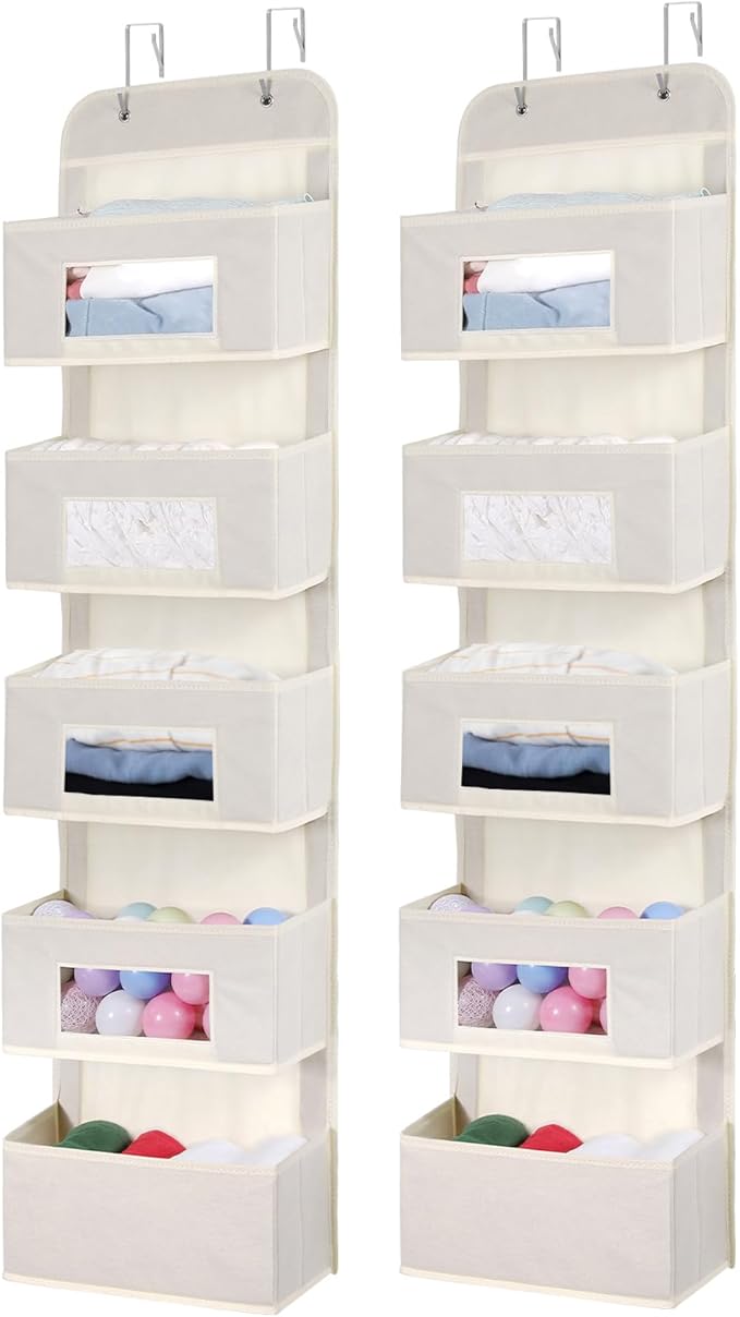 MAX Houser 5-Shelf Over The Door Hanging Organizer with 2 Metal Hooks，5 Pocket Over The Door Wall Mount Storage with Clear Windows for Baby Nursery Bathroom Closet,Bedroom,Dorm(Beige-2 Pack)