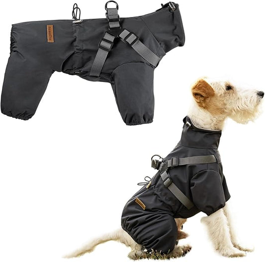 Dog Raincoat with Harness for Small and Medium Dogs, Adjustable Waterproof Dog Rain Jacket,Reflective Rainproof Puppy 4 Legs Raincoat-Grey,M