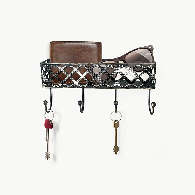 Celtic Knot Key Holder Wall Shelf - Entryway Wall Mounted Organizer with 4 Hooks, Metal Storage for Keys, Wallets, Bags, Hats (Antique Black)