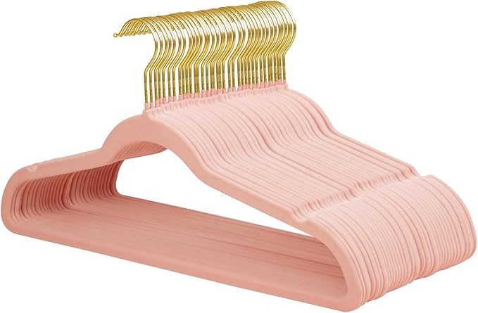 ManGotree Velvet Coat Hangers, Non-Slip Felt Suit Hangers, Ultra-Slim Space Saving Clothes Hanger with 360° Swivel Golden-Plated Hook, 36 Pack (Light Pink)