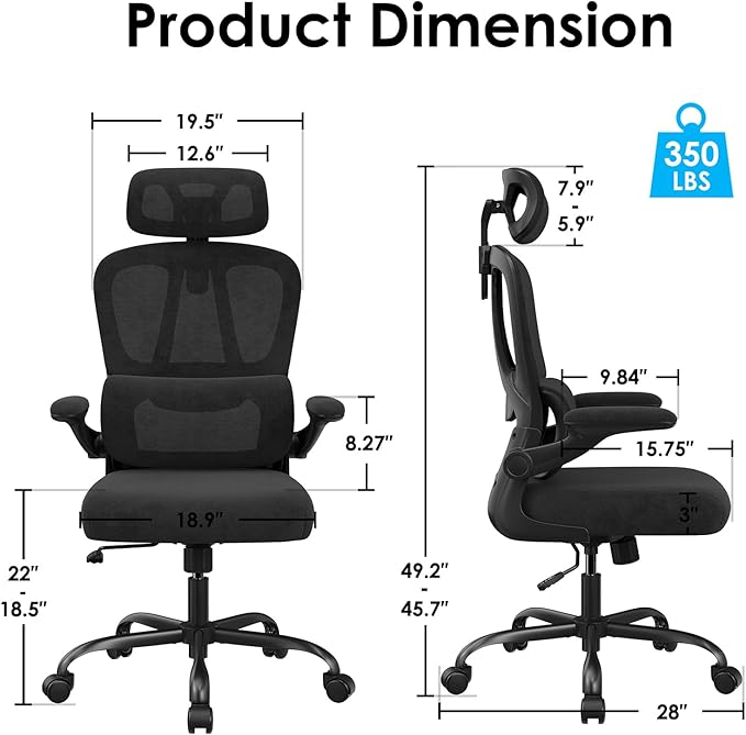 Farini Ergonomic Office Chair, Desk Chair with Headrest and Lumbar Support, High Back Swivel Home Office Chair with Headrest for Home Office Bedroom, Gifts, Black & Black