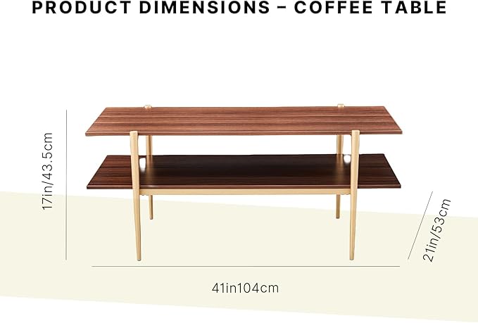 Shrine Rectangle Coffee Table, Mid-Century Modern Design, Two-Tier Walnut MDF Table, 41" D x 21" W x 17" H, Sleek Conical Metal Legs with Gold Finish