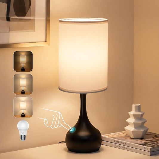 ONEWISH Touch Bedside Lamp for Bedroom, 3-Way Dimmable Table Lamps for Nightstand, White Fabric Shade Desk Lamp for Kids Reading, Living Room, Home Office
