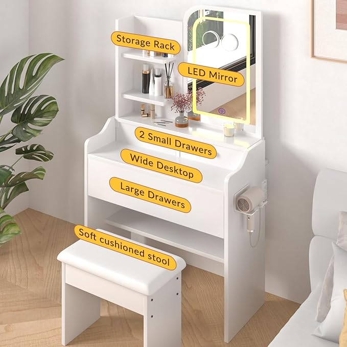 HOMEMORE Small Vanity Desk with Mirror and Lights, Makeup Vanity Desk with 3 Drawers & 3 Shelves, 2X & 5X Magnifying and Power Outlet, Dressing Table for Bedroom,White