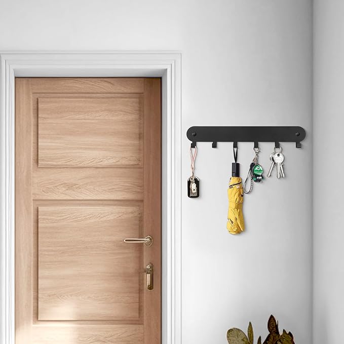 2 Pack Key Holder for Wall,Key Hooks,Key Holder Wall Mount Self Adhesive, Key Rack Wall Mount for Wall No Drill for Living Room, Kitchen, Bathroom, Garage (Black, 6 Hooks)