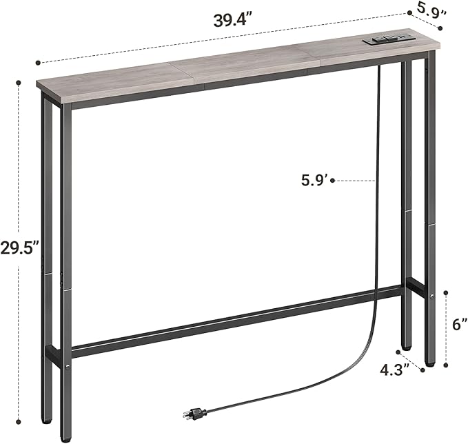ELYKEN 5.9" Narrow Console Sofa Table with Power Outlets, Total 78.8” Long Behind Couch Table with Charge Station and 5.9’ Extension Cord for Living Room, 5.9" D x 78.8”W x 29.5”H, Gray
