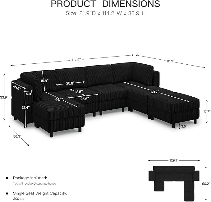 114.2" Modular Sectional Sofa with Deep Storage Seat,Corduroy 7 Seat U Shaped Sofa Couch,Modular Sofa Couch with Movable Ottoman Chaise,Upholstered Sectional Couches for Living Room,Black