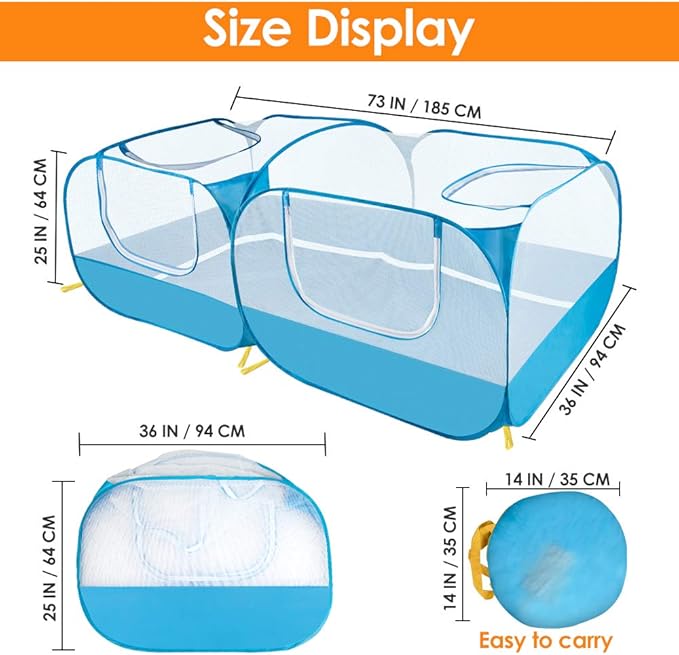 SlowTon Small Animals Playpen, Portable Large Chicken Run Coop with Detachable Bottom Breathable Transparent Mesh Walls, Foldable Pet Enclosure for Puppy Kitten Rabbits Indoor Outdoor(BL,Flat Top)