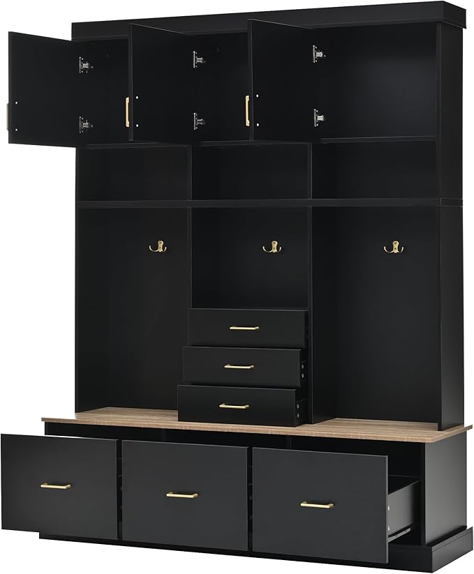 Merax 5-in-1 Hall Tree with Bench and Storage, Modern with Coat Rack, 6 Drawers, 3 Cabinets and 3-Tier Top Storage for Hallway, Entryway, Living Room, Black