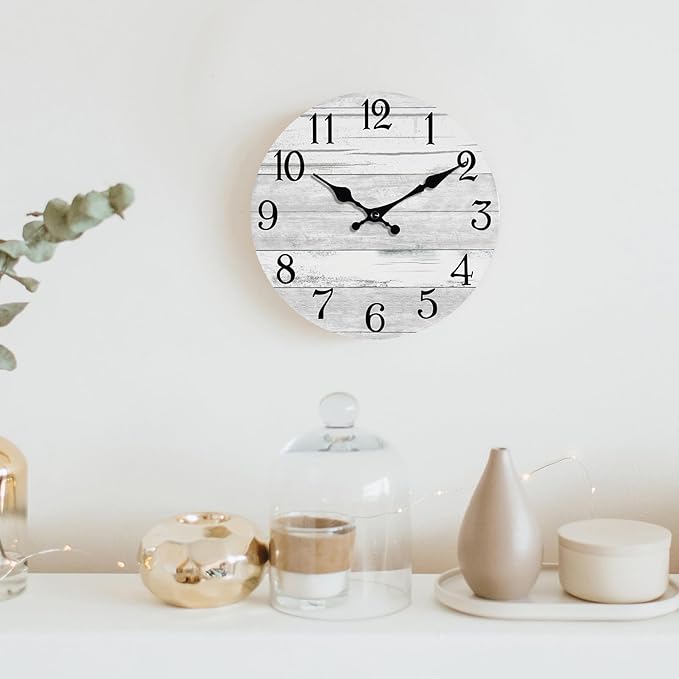 Wall Clock Battery Operated 12 Inch Gray Silent Non Ticking Country Rustic Design Vintage Retro Decorative for Bathroom Kitchen Bedroom