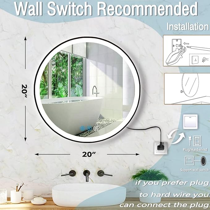 20 Inch Black Round Lighted Vanity Mirror with Lights Black Frame Round LED Mirror for Bathroom Wall 3 Color Adjustable Brightness Anti-Fog 20" Bathroom Black Framed Circle LED Smart Mirrors