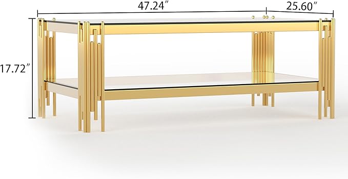 Goujxcy Modern Glass Coffee Table 47" Gold Center Table with Tempered Glass Top and Mirror Finish Stainless Steel Legs, Luxury Rectangular Coffee Table for Living Room Apartment (Gold)