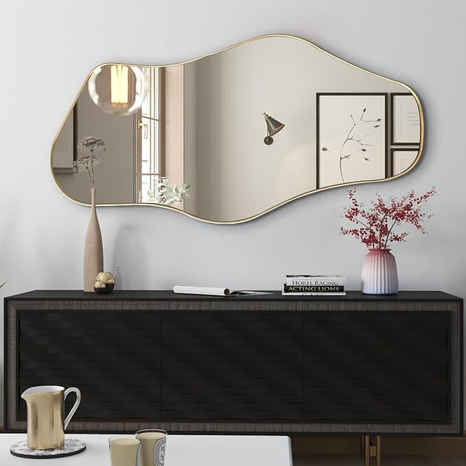 Irregular Wall Mirror, 47"x25" Large Asymmetrical Mirrors with Gold Metal Frame, Cloud Shaped Mirror, Modern Abstract Mirrors for Living Room Bathroom Bedroom Hallway Entryway Fireplace