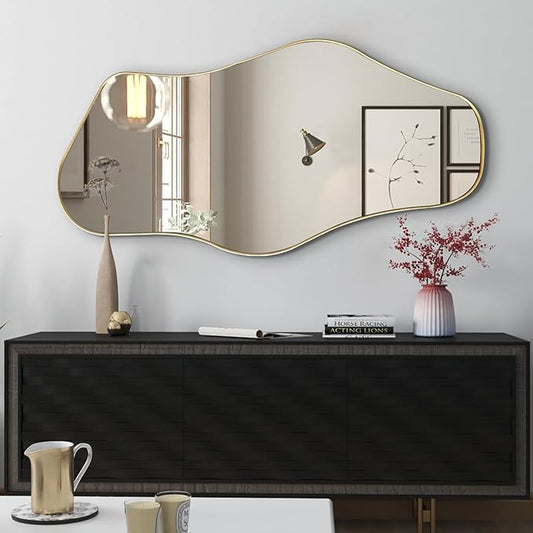 Irregular Wall Mirror, 47"x25" Large Asymmetrical Mirrors with Gold Metal Frame, Cloud Shaped Mirror, Modern Abstract Mirrors for Living Room Bathroom Bedroom Hallway Entryway Fireplace