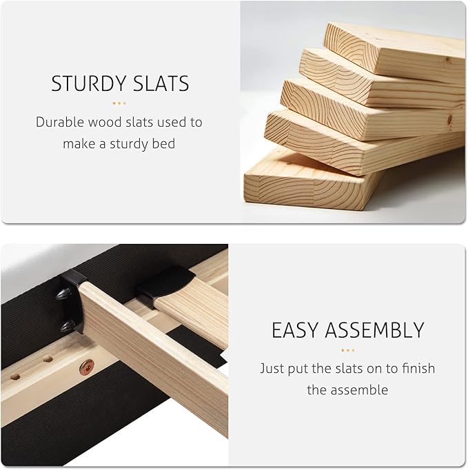 SHA CERLIN King Size Bed Frame with Iron Pieces Decor and Adjustable Headboard/Deluxe Upholstered Modern Platform Bed with Solid Wooden Slats Support/No Box Spring Needed, White