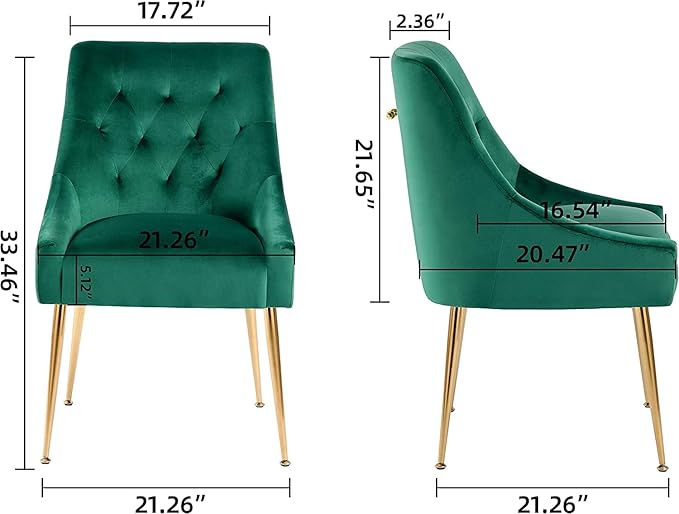 Modern Dining Chairs Set of 4, Mid Century With 5.12" Cushions and Golden Legs, Velvet Upholstered With Back Pull Rod, for Kitchen, Living Room (Green)