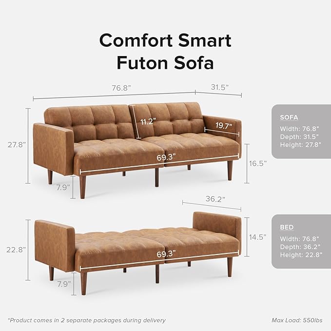 mopio 76.4" Futon Sofa Bed, Couch, Loveseat, Sleeper Sofa, Mid Century Modern Futon Couch, Sofa Cama, Couches for Living Room (Aaron PU, Pecan Brown)