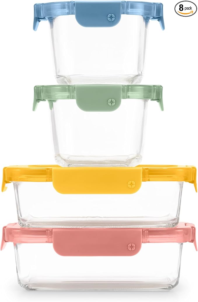 Ello Color Lock 8PC Mixed Glass Food Storage Sets, Leak-Proof Glass Food Storage Containers with Airtight BPA-Free Plastic Lids, Dishwasher, Microwave, and Freezer Safe, Desert Festival