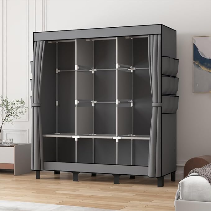 Portable Wardrobe, Clothes Organizer, Easy Hanger Wardrobe, Multiple Dividers and 3 Drawers, 6 Side Pockets Large Capacity (Grey)