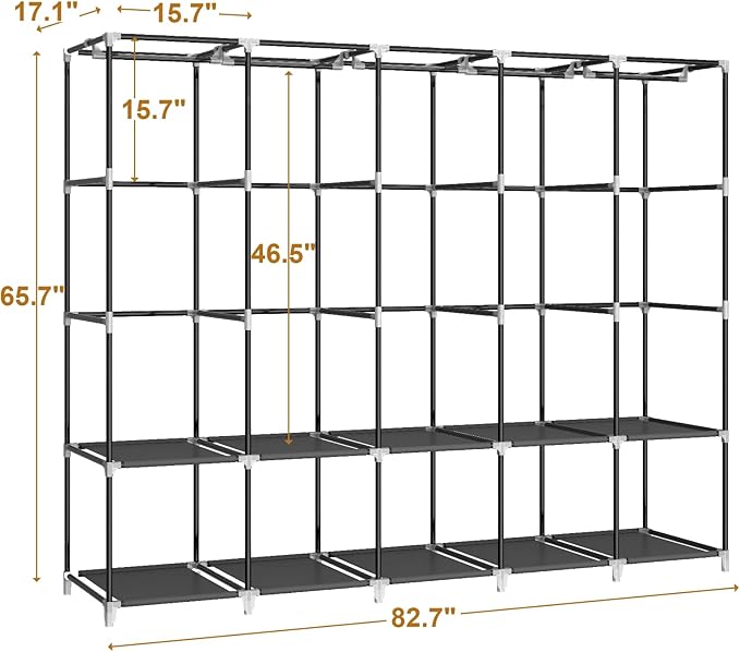 83 Inch Wide Portable Closet Wardrobe, Clothes Storage Rack Organizer with Cover, 5 Clothes Hanging Rods and 10 Storage Shelves, Black