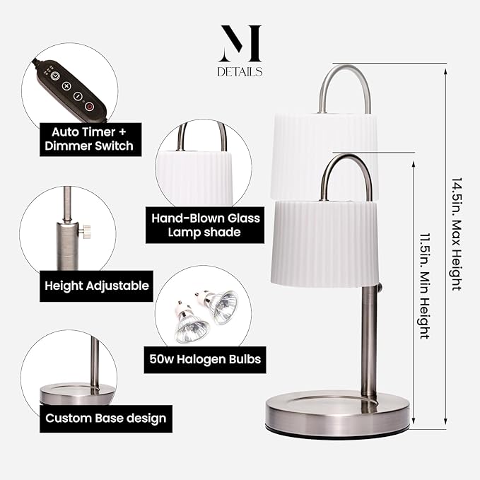 Dimmable Glass Candle Warmer Lamp with Timer - Adjustable Height Candle Lamp Warmer with Timer (8H/4H/2H) - Wax Melter - Ideal Gift, fits Various Size Scented Candles - 02 Bulb - (Brushed Nickel)