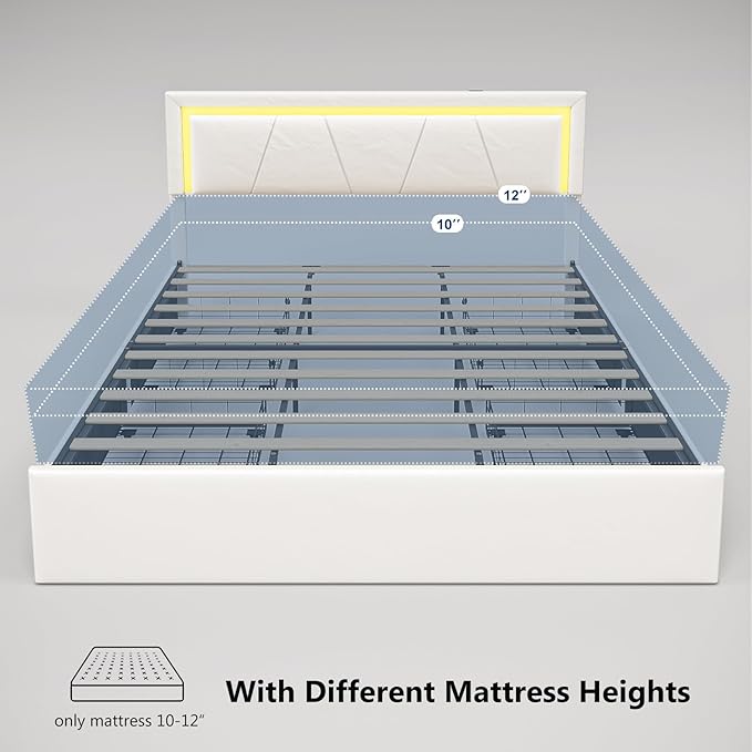 King Size Bed Frame with Adjustable Headboard, Upholstered Platform Bed with 4 Storage Drawers, Wooden Slats Support, Built in Charging Station & LED, Noise-Free, No Box Spring Needed, Beige