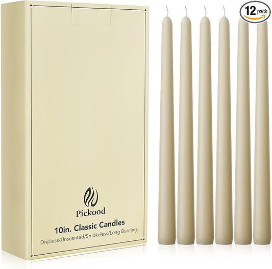 New Burning Formula Unscented Dripless 10-Inch Taper Candles Set of 12 - Ivory, for Wedding, Dinner - Smokeless, Long Burning - Hand Poured, Colored Tall Candlesticks - Marfil