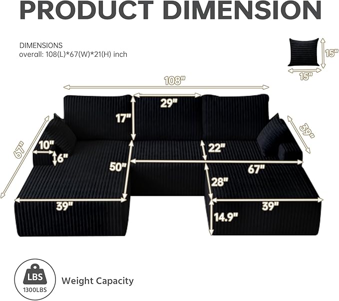 108" U Shaped Sectional Couch with Ottoman, Corduroy Modular Sectional Sofa with Deep Seat, Modern Modular L-Shape Sofa Couch with Chaise,Upholstered Boneless Couches for Living Room Bedroom