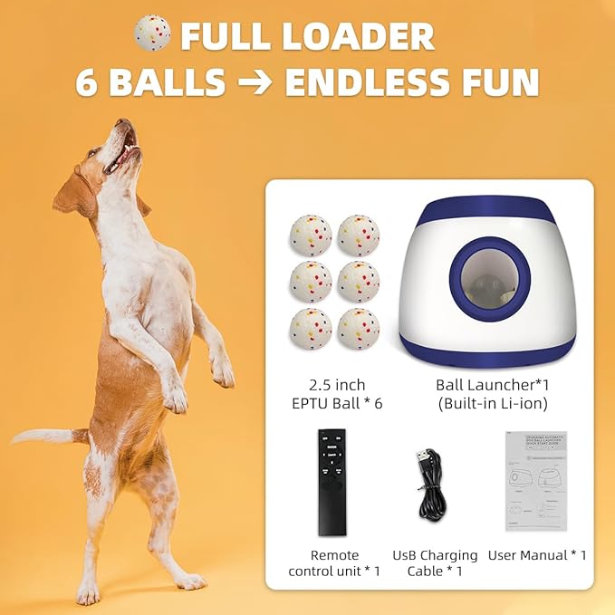 AutoDog Ball Launcher - Large Silent Dog Ball Thrower with Remote Control, 3 Adjustable Distances (40t/60ft/80ft), Rechargable,Includes 6 Durable 2.5" Balls for Medium/Large Dogs (Blue -, Large)