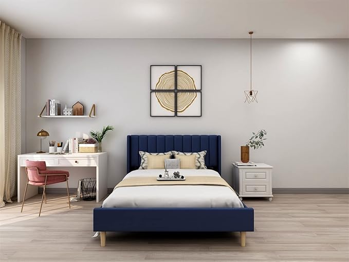 Low Profile Upholstered Platform Bed,Queen Beds with Dark-Blue(Linen)