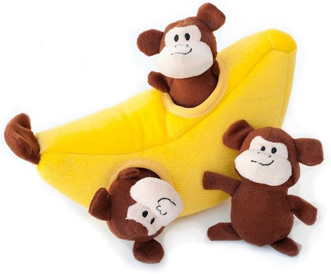 ZippyPaws Burrow- Interactive Dog & Puppy Toys for Boredom, Stimulating Pet Products to Keep them Busy, Hide & Seek Plush Puzzles, Squeaky Toy for Enrichment, For Small & Medium Dogs- Monkey 'n Banana