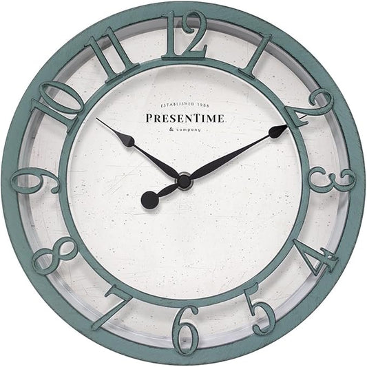 Presentime & Co 10" Farmhouse Series Wall Clock, Shiplap Style, Silent No Ticking, Raised 3D Arabic Numeral, Aged Teal Finish