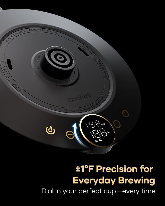 Cocinare FLOW B9 Gooseneck Electric Kettle, Precise Temperature Control for Pour-Over Coffee & Tea Brewing, Stainless Steel Interior, Rapid Heating for Boiling Water 0.9L (Goya Walnut)