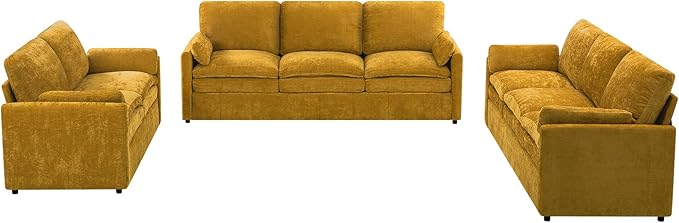 3 Pieces Chenille Sofa Set w/Arm Pillows, Upholstered Loveseat & 2 Pieces 3 Seater Sofa w/Comfortable Back Cushions, Modern 2-Seat & 3-Seat w/High-Density Foam for Living Room, Yellow