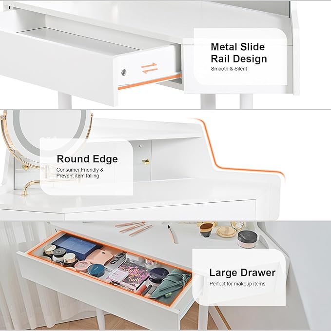 Merax Corner Vanity Desk with Mirror and Lights and Stool, White Makeup Vanity with Storage & Adjustable Light, Girl Glass Top Dressing Table with Small Sliding Glass Door, Drawer and Display Shelf