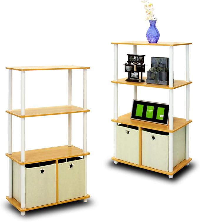 Furinno Go Green 4-Tier Multipurpose Storage Rack Shelving Unit with Bins (Set of 2), Beech