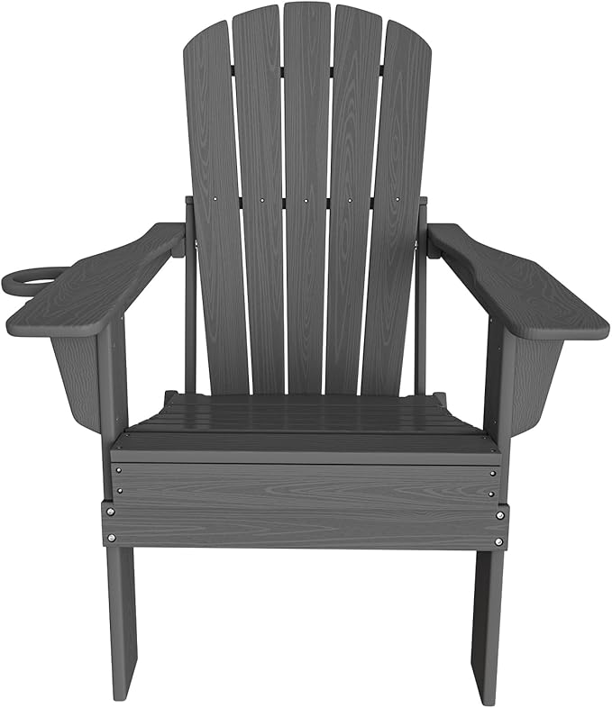 Plawdlik Folding Adirondack Chair, SGS Tested, Wooden Textured with Cup Holder, Heavy All-Weather HDPE Comfortable Set Poolside Backyard Lawn Grey Set 2