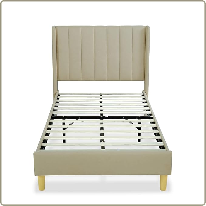 Low Profile Upholstered Platform Bed,Twin Beds with Beige(Linen)