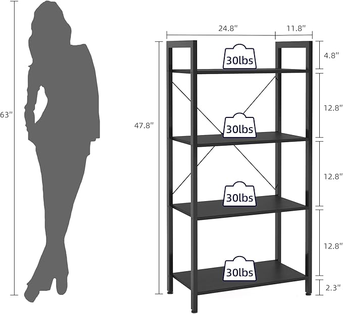 4-Tier Bookshelf, 47.2'' H Ladder Shelf, Industrial Bookcase, Wooden and Metal Storage Rack, Shelving Unit for Living Room Entryway Office, Black Book Shelves, 24 * 11.8 * 47.2 inches
