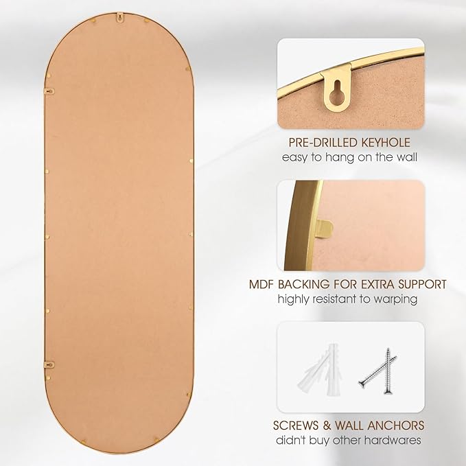 Oval Full Length Mirror, 20"x53" Metal Beaded Frame Large Hanging Dressing Floor Mirror for Bedroom, Living Room, Entryway, Antique Gold (No Stand)