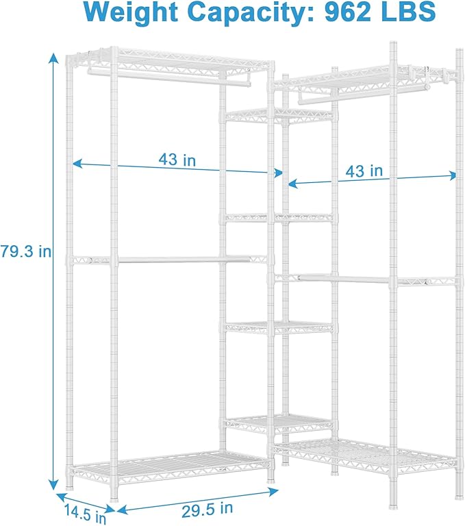 Ulif E4 Clothes Rack, Heavy-Duty Garment Rack, Metal Freestanding Clothing Organization Storage System Can Be L-shaped with Shelves and Hangers, Max Load 962lbs, 71.6" W x 14.5" D x 79.3" H, White