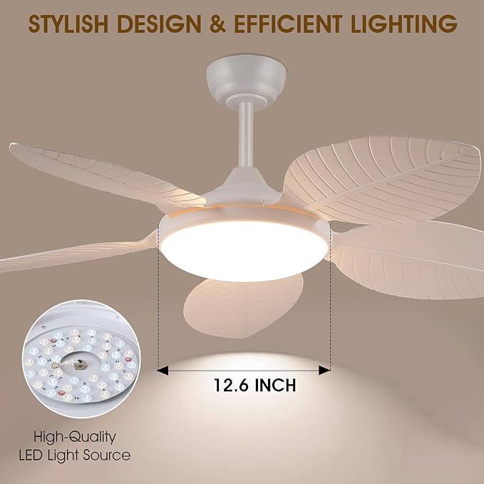 Ceiling Fans with Lights and Remote/APP Control, 48 Inch Tropical Ceiling Fan for Bedroom Living Room, Outdoor Palm Leaf Ceiling Fan for Patios Porch, Dimmable, 6 Speeds, Reversible, White