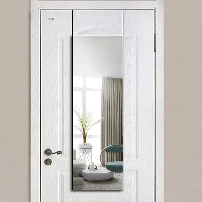 ANYHI Over The Door Mirror, 42"x14" Door Mirror Full Length, 2 Hooks, Over The Door or Wall Monuted, Aluminum Frame, for Bedroom Bathroom Checkroom, Black