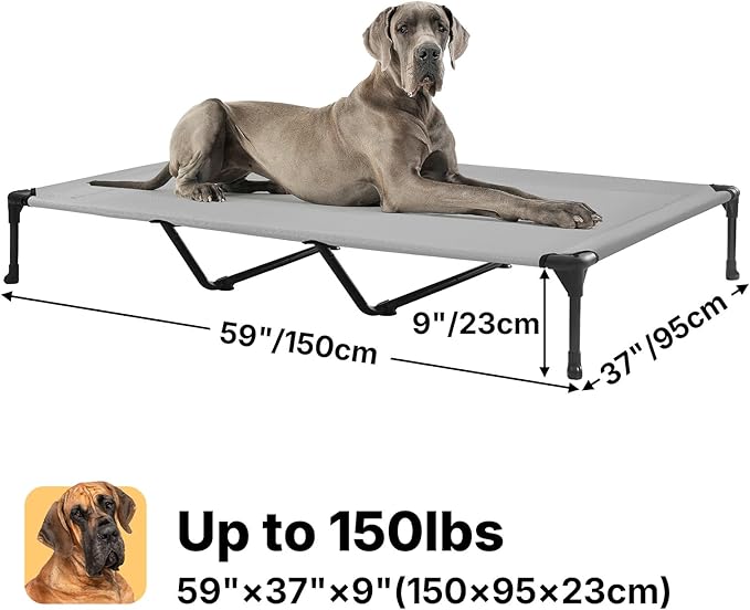 Veehoo XXL Outdoor Elevated Dog Cot Bed, Cooling Raised Pet Bed, Washable Breathable Mesh Hammock Bed with No-Slip Feet, Indestructible Ground Off Training Platform Cot-59"x37.5" Grey