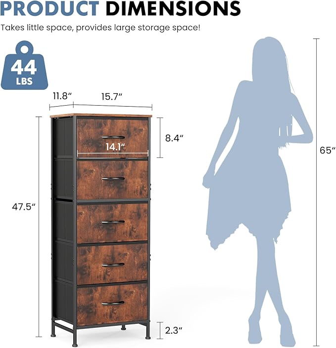 DUMOS Nightstand with 5 Drawers Bedside Table with Removable Fabric Bins Sturdy Steel Frame Wood Top Organizer Furniture for Bedroom Closet Living Room, Brown