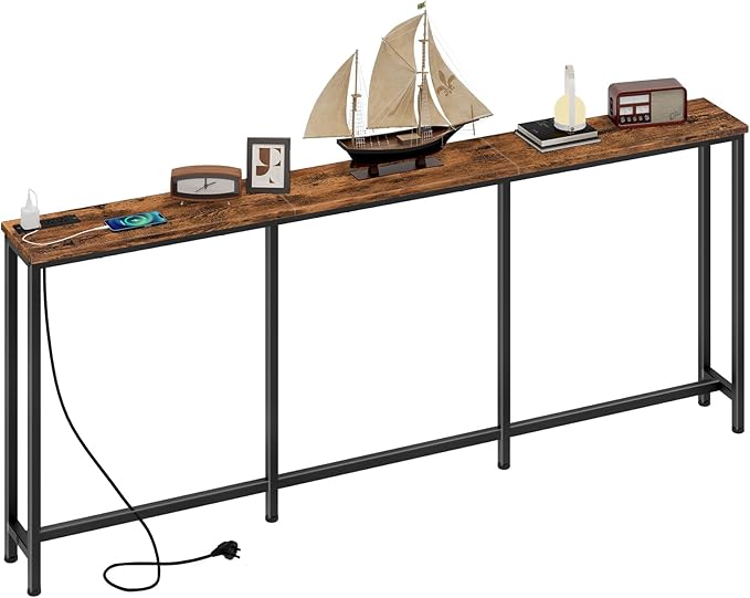 70.9" Narrow Console Table with Power Outlet 7.1" Skinny Sofa Table, Long Behind Couch with Charging Station for Hallway, Living Room Rustic Brown and Black TXG18UBF